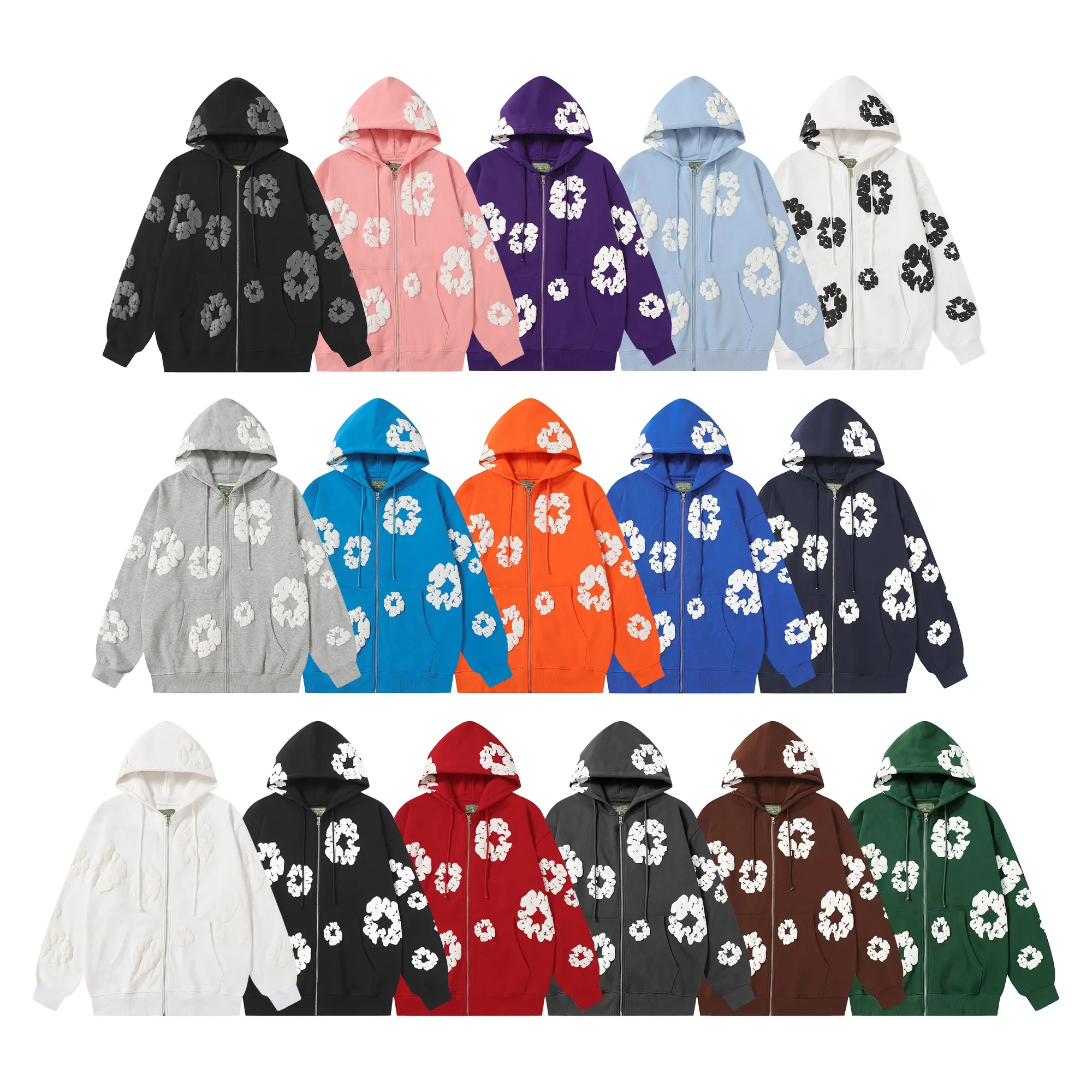 16 colors DENIM TEARS Kapok European and American trendy brand high-quality foam printed hooded sweatshirt jacket. Terry fabric weighs 380 grams. Threads are customized and dyed in the same color. Color Black Gray Blue Green Royal Blue Purple Red Orange Colorful Blue Pink White Sky Blue Brown Carbon Gray Black Gray White White Size S-XL